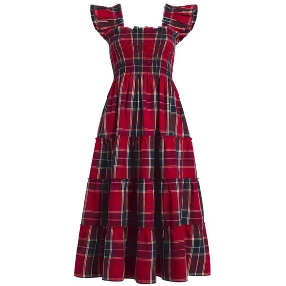 HILL HOUSE Tiered Red Green White Plaid Striped Dress – Medium - Picture 2 of 16